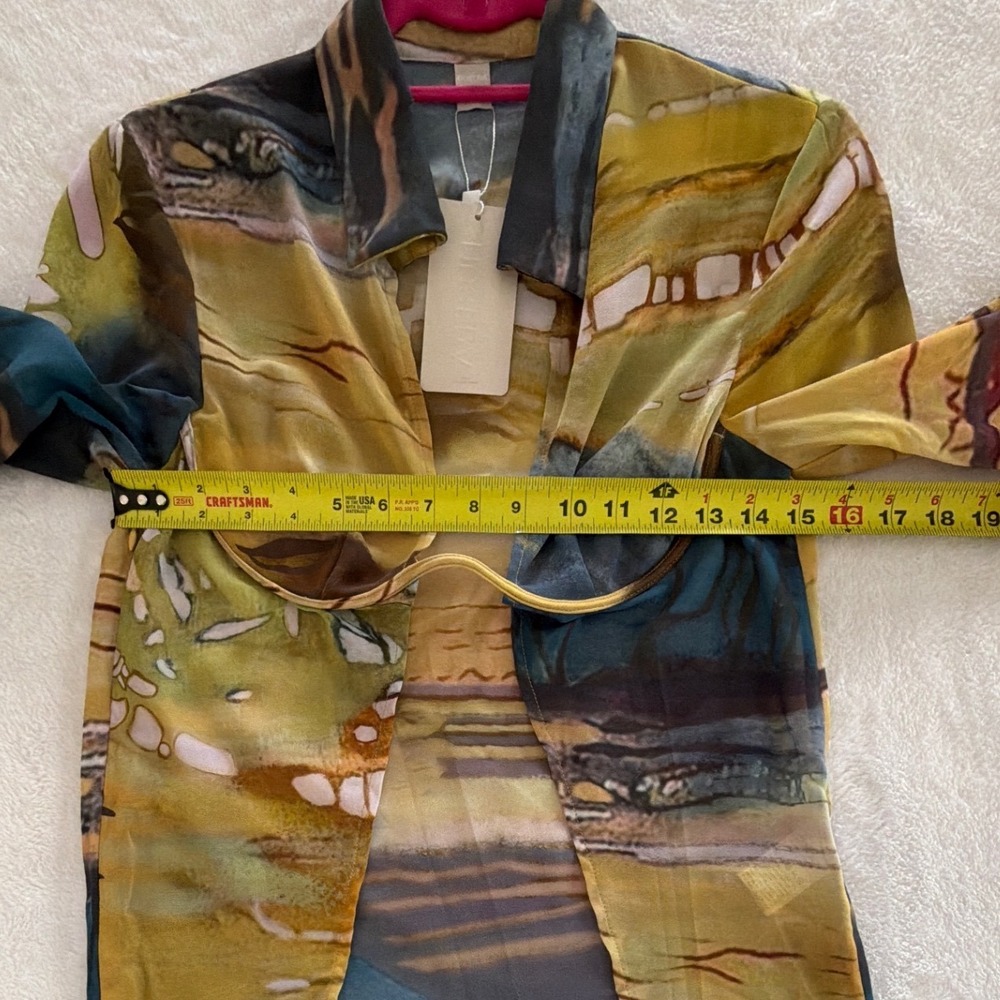 Musera Sheer Abstract Landscape Wired Open Front Long Sleeve Top Small - Picture 7 of 10